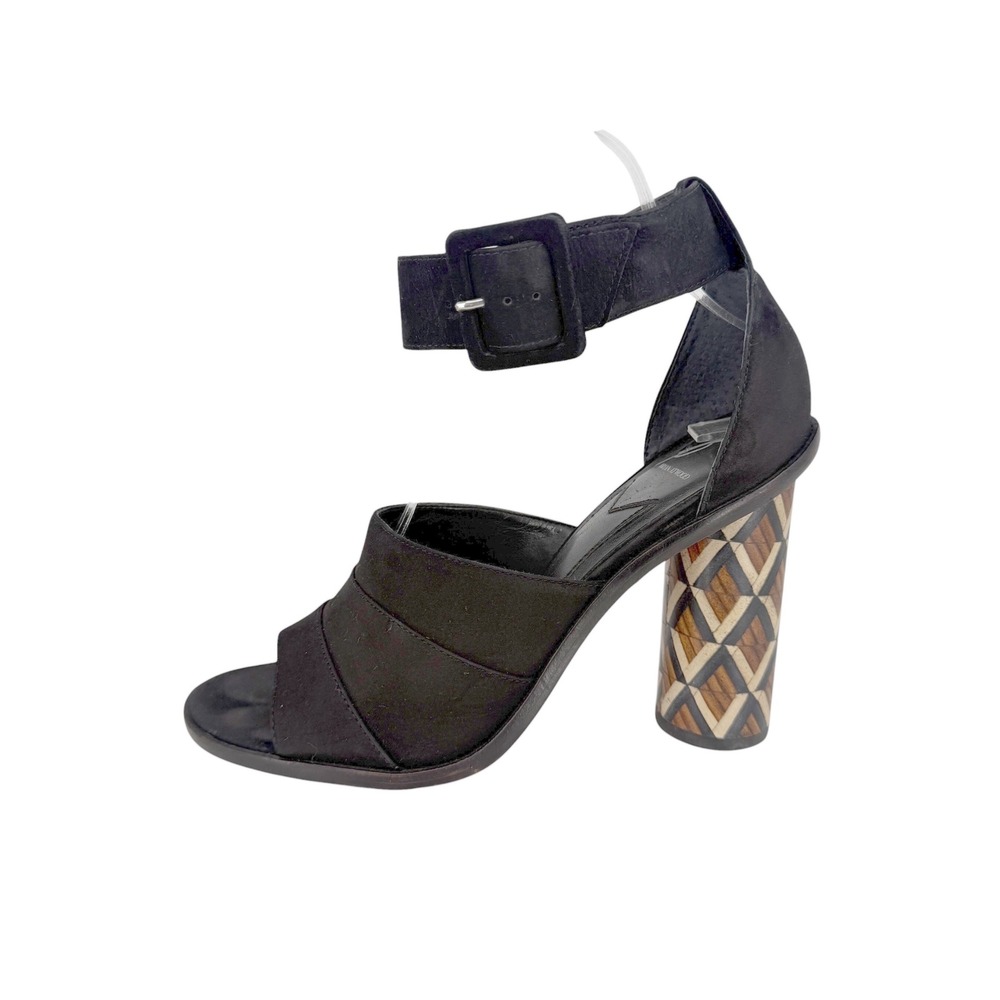 Brian Atwood Brady Geometric Wood Inlay Block Heel Sandals Womens 8 Black Suede